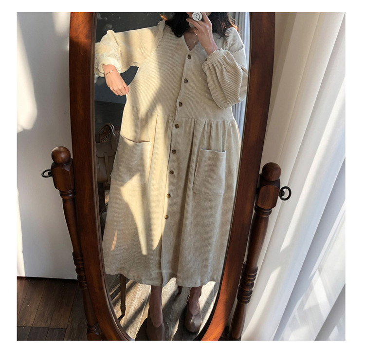 Sixsr Women Autumn Winter Vintage Long Dress Elegant Full Sleeve Single Breasted Tunic Casual Corduroy Dress with Pocket Vestidos