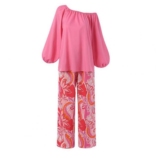 Pants Sets Fashion One Shoulder 3/4 Sleeve Tops Floral Print Wide Leg Trouser Women Two Piece Sets Casual Loose Suit