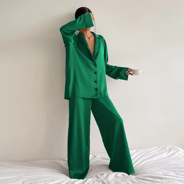 Sixsr Oversized Satin Silk Sleepwear Low Cut Sexy Pajamas For Women Single-Breasted Long Sleeves Wide Leg Pants Trouser Suits