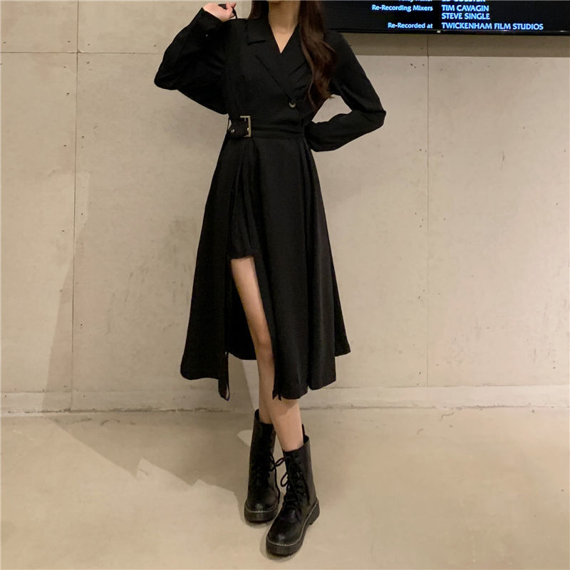 Sixsr Long Sleeve Dresses Women Bandage Punk Streetwear Hipster Vestidos Mujer Elegant Popular Side Slit A-Line Charm Vintage Ulzzang
