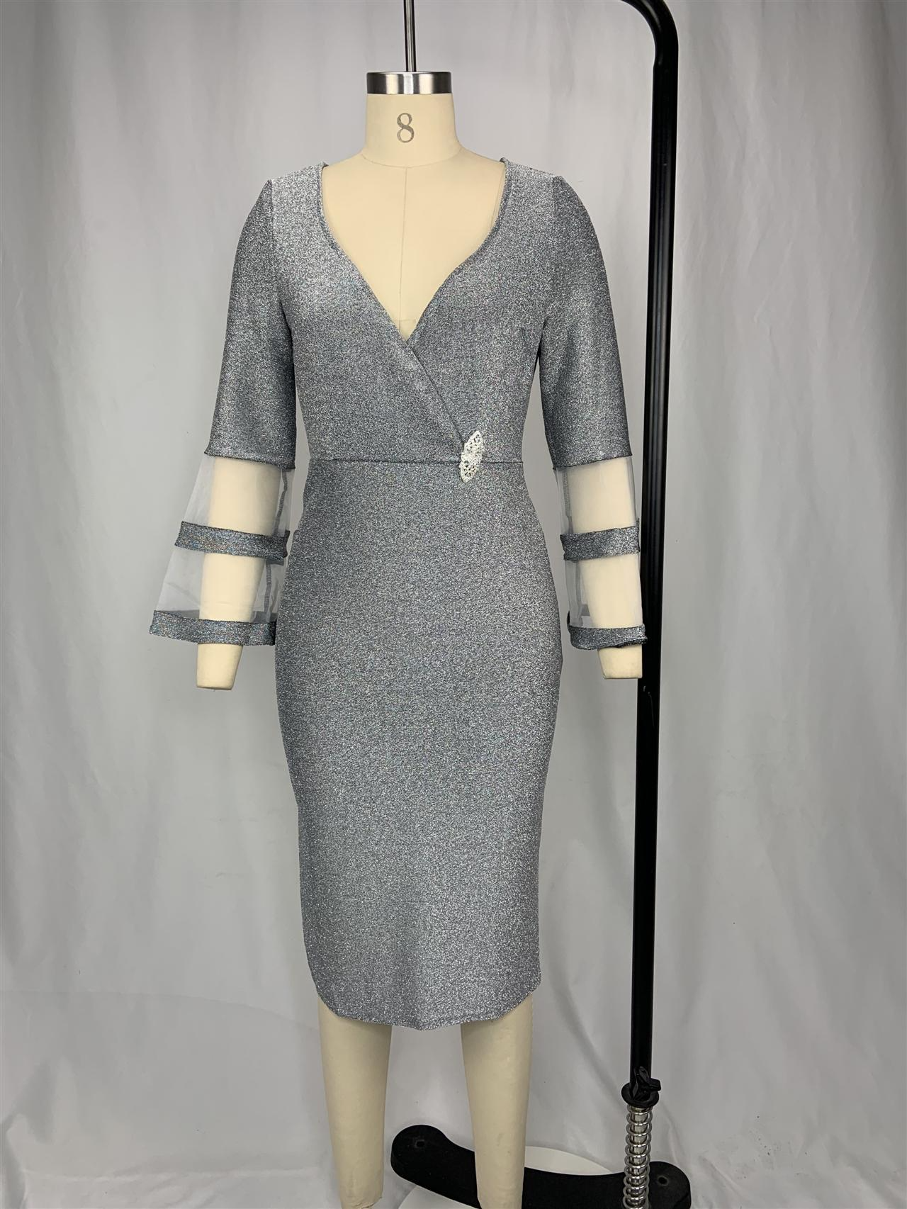 sixsr Plus Size Women Dresses Autumn Elegant Bright Silk Wedding Evening Birthday Party Dress V Neck Mesh Sleeve Club Outfits 8XL