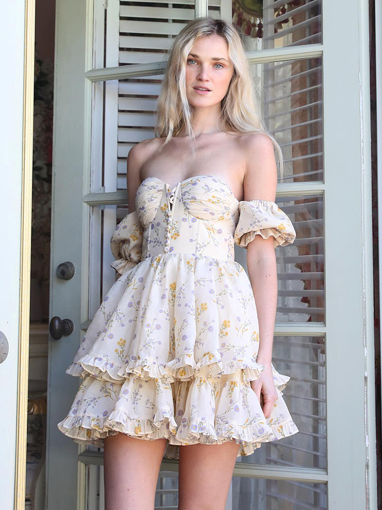 sixsr Floral Y2K Mini Dress Corset Off Shoulder Women Ruffle Sexy Puff Sleeve Summer Streetwear Chic Party Vestidos New