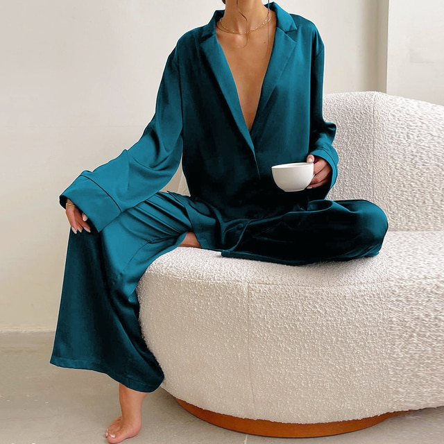Sixsr Oversized Satin Silk Sleepwear Low Cut Sexy Pajamas For Women Single-Breasted Long Sleeves Wide Leg Pants Trouser Suits