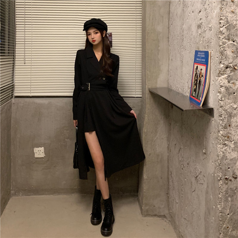 Sixsr Long Sleeve Dresses Women Bandage Punk Streetwear Hipster Vestidos Mujer Elegant Popular Side Slit A-Line Charm Vintage Ulzzang