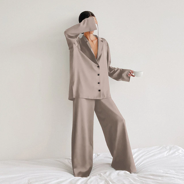 Sixsr Oversized Satin Silk Sleepwear Low Cut Sexy Pajamas For Women Single-Breasted Long Sleeves Wide Leg Pants Trouser Suits