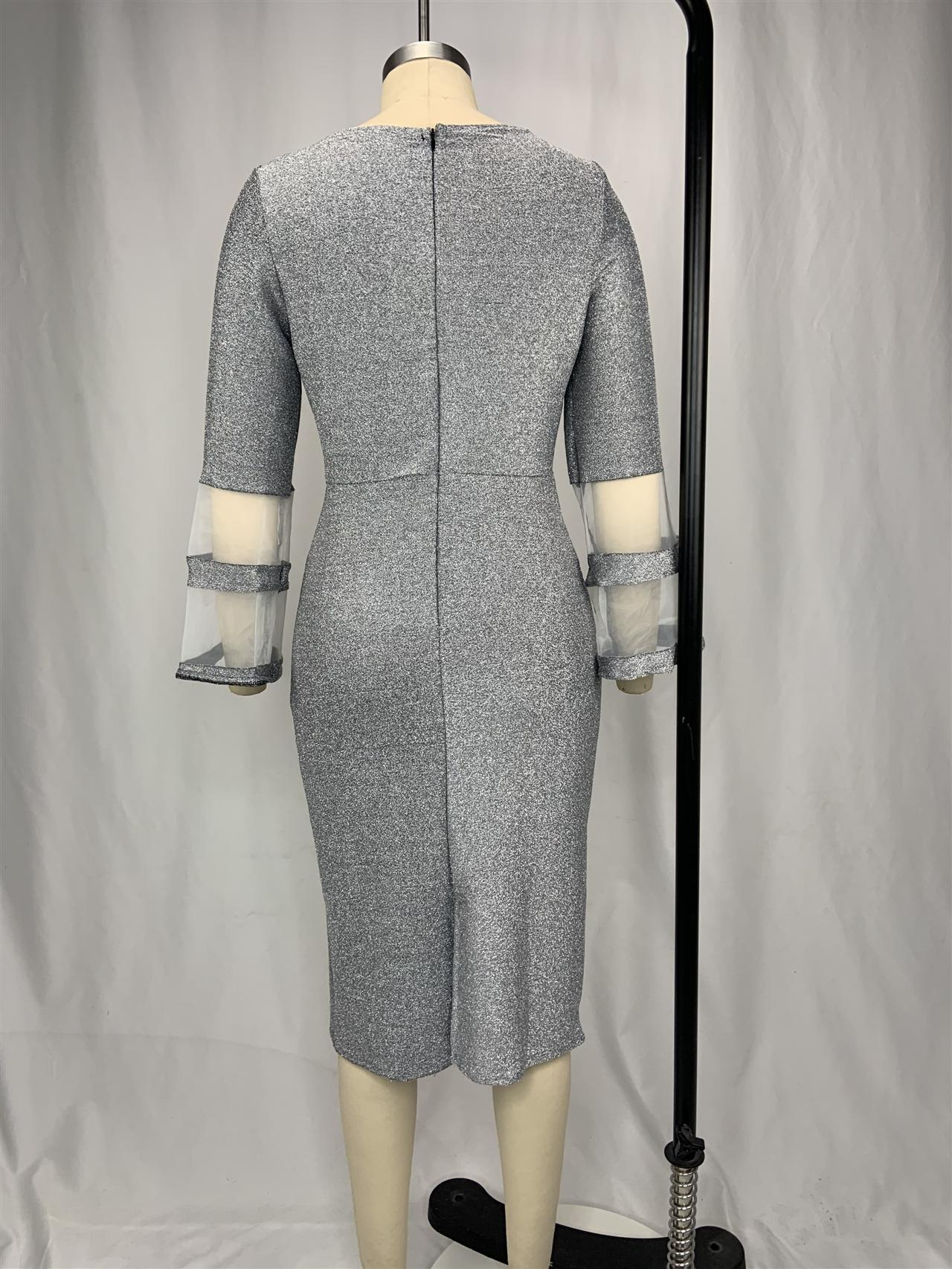 sixsr Plus Size Women Dresses Autumn Elegant Bright Silk Wedding Evening Birthday Party Dress V Neck Mesh Sleeve Club Outfits 8XL