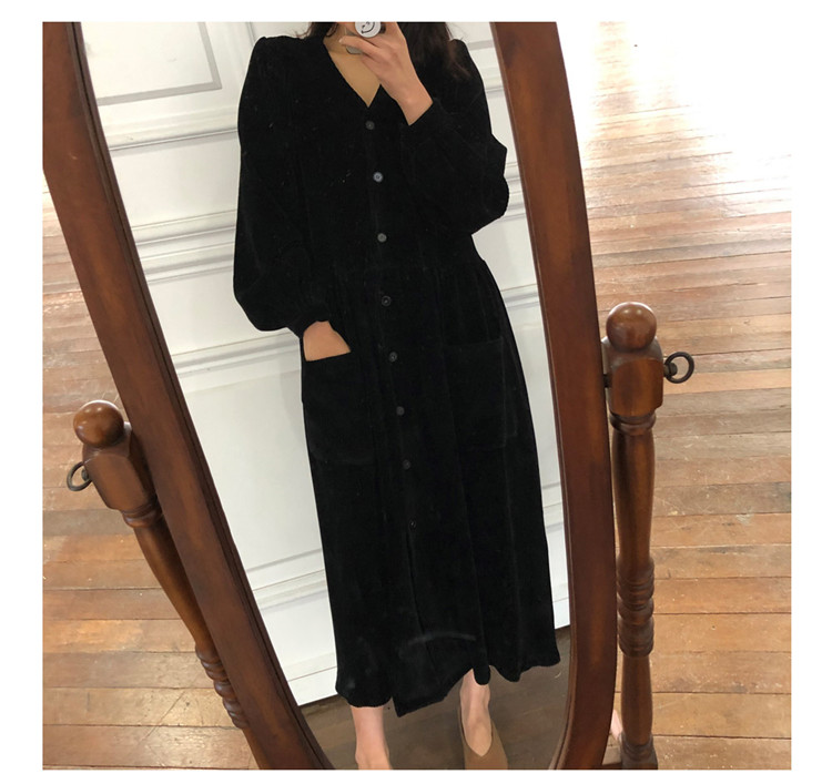 Sixsr Women Autumn Winter Vintage Long Dress Elegant Full Sleeve Single Breasted Tunic Casual Corduroy Dress with Pocket Vestidos