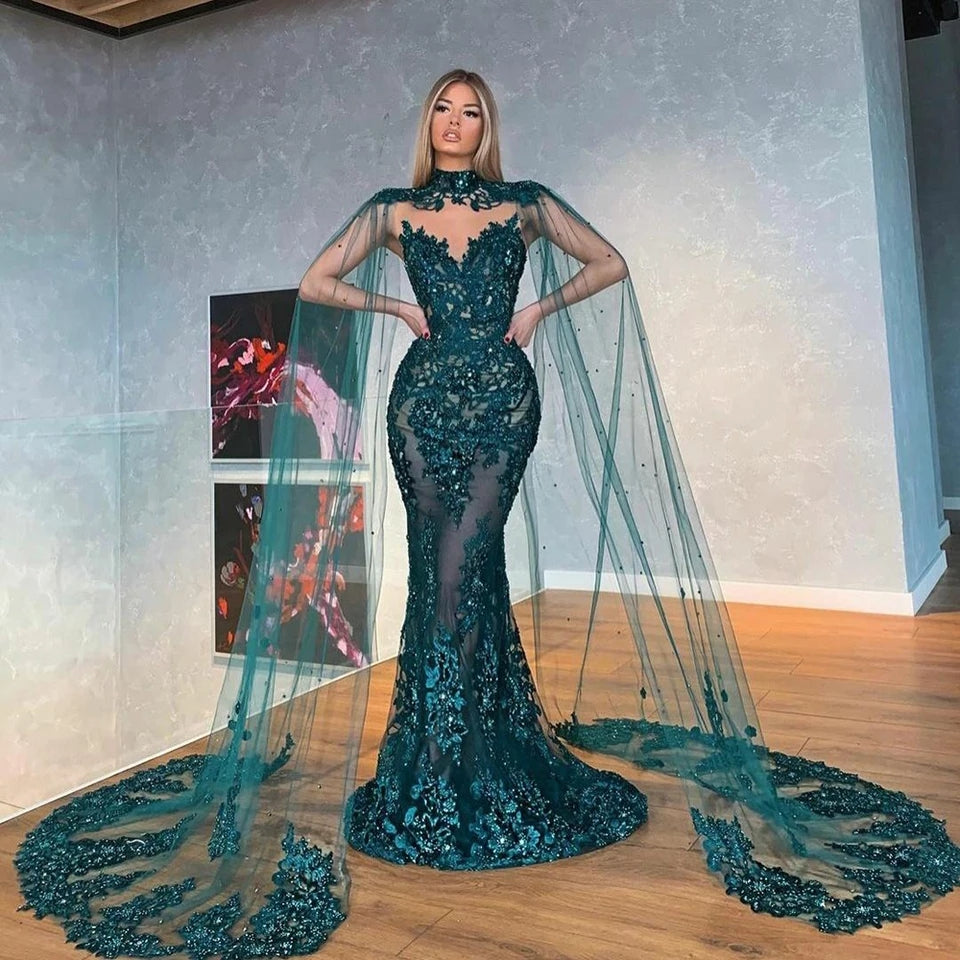 sixsr New Two Pieces Mermaid Evening Dresses with Cape Dark Green Lace Prom Gown Long Formal Party Dress Vestido de Noche
