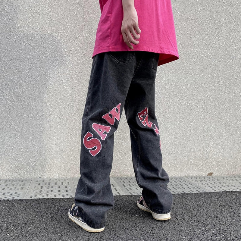 Sixsr American high street letter printed jeans men's summer thin hiphop fried street vibe straight tube loose pants streetwear hiphop
