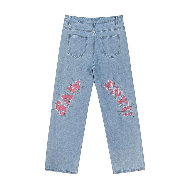 Sixsr American high street letter printed jeans men's summer thin hiphop fried street vibe straight tube loose pants streetwear hiphop