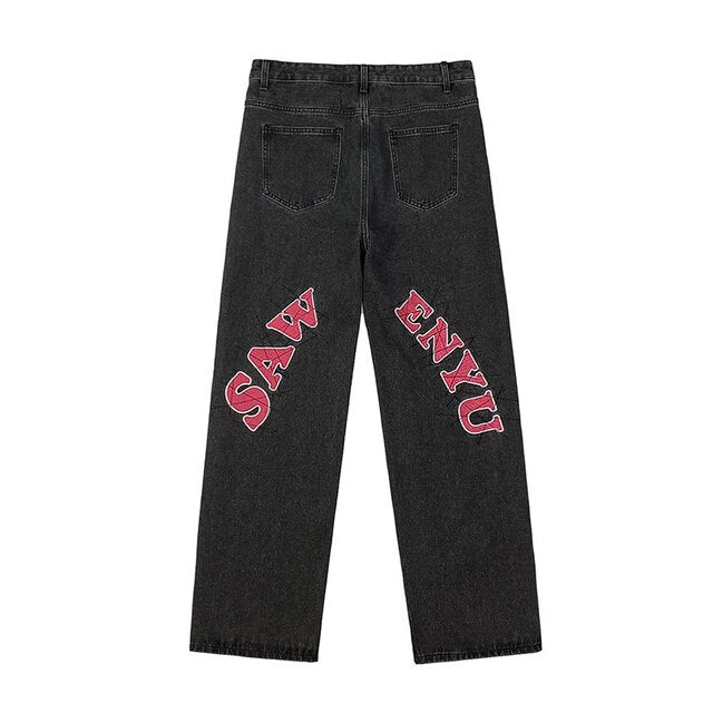 Sixsr American high street letter printed jeans men's summer thin hiphop fried street vibe straight tube loose pants streetwear hiphop