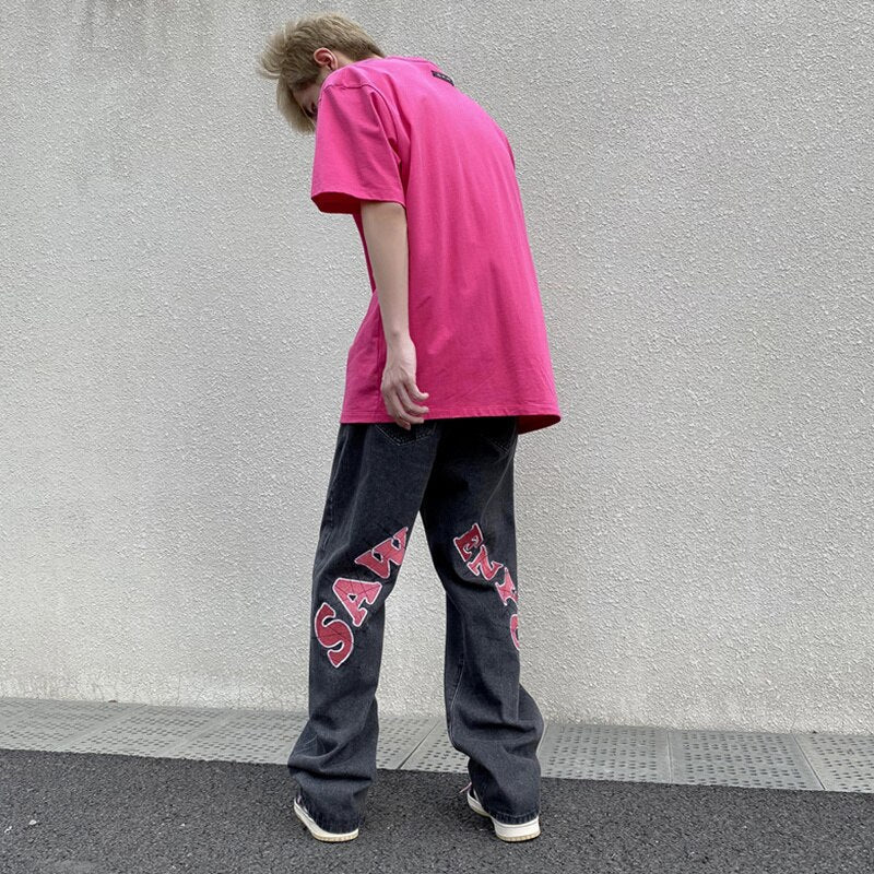Sixsr American high street letter printed jeans men's summer thin hiphop fried street vibe straight tube loose pants streetwear hiphop
