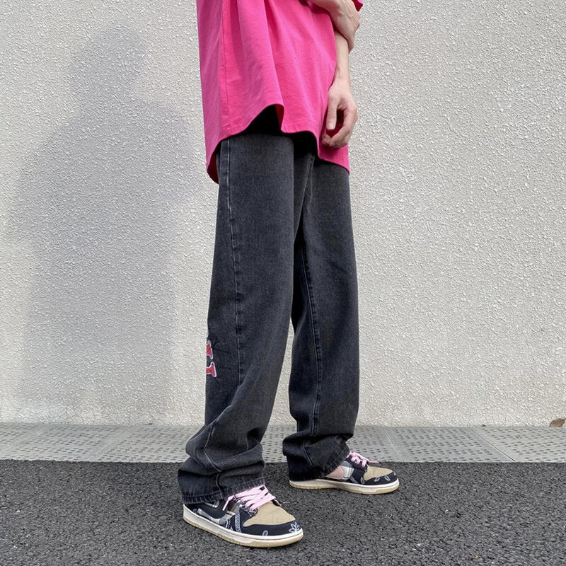 Sixsr American high street letter printed jeans men's summer thin hiphop fried street vibe straight tube loose pants streetwear hiphop