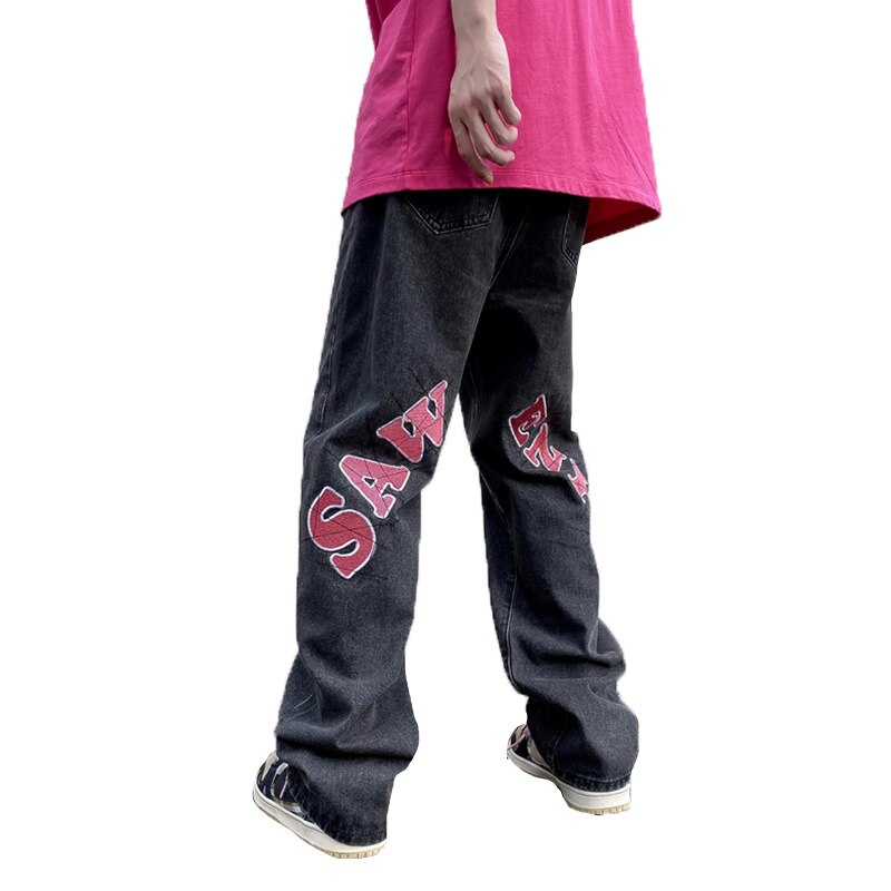 Sixsr American high street letter printed jeans men's summer thin hiphop fried street vibe straight tube loose pants streetwear hiphop