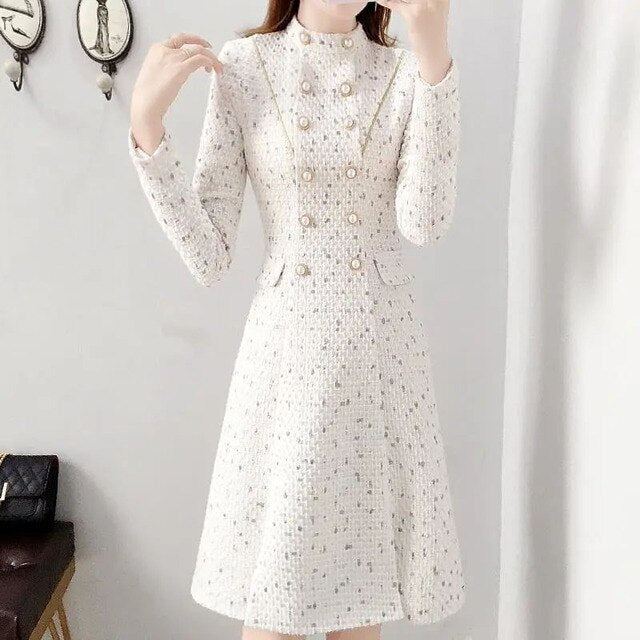 Sixsr New Arrival Autumn And Winter Runway Women Elegant Tweed Dress Bow Collar Long Sleeve Female Fashion Chic Vestidos