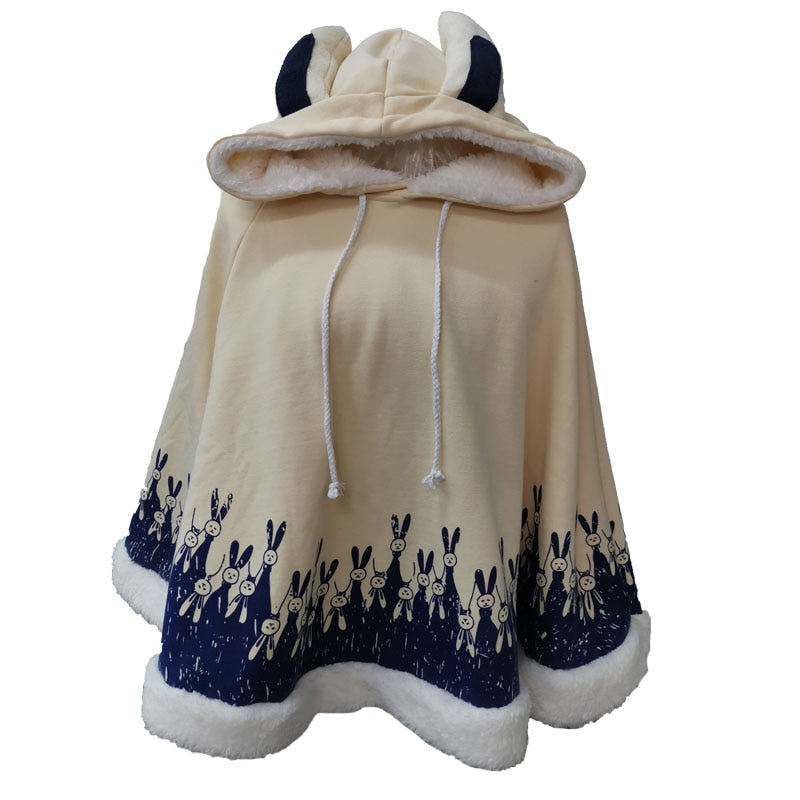 Sixsr Lolita Cloak Harajuku Hoody Cloak Japanese Angry Cat Christmas Deer Fleece Cape Loose Pullover Batwing Sleeve Hoodie Coat