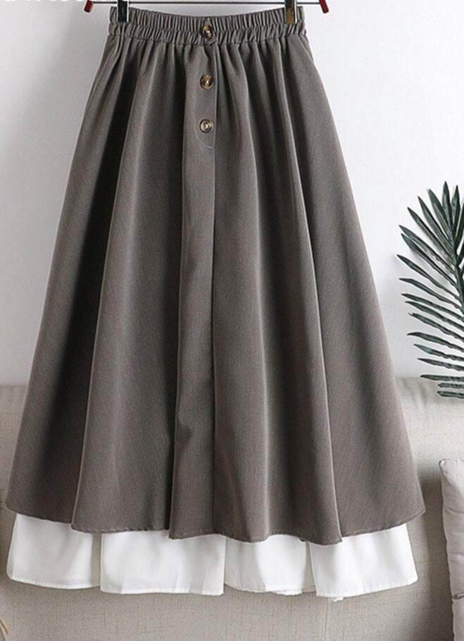 Sixsr Winter Thick Korean Style Midi Long Pleated Skirt Women White Patchwork Button High Waist A Line Skirt Female