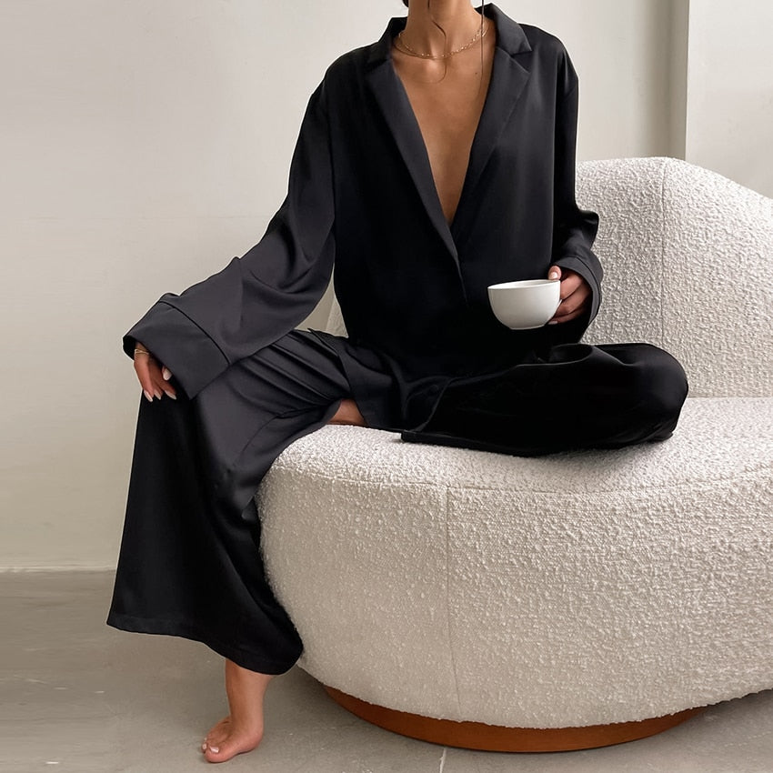 Sixsr Oversized Satin Silk Sleepwear Low Cut Sexy Pajamas For Women Single-Breasted Long Sleeves Wide Leg Pants Trouser Suits