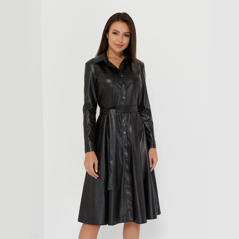 Sixsr Winter Casual Sashes Pu Leather A-Line Dresses Women Turn-down Collar Long Sleeve Solid Color Knee Dress Office Lady Wear