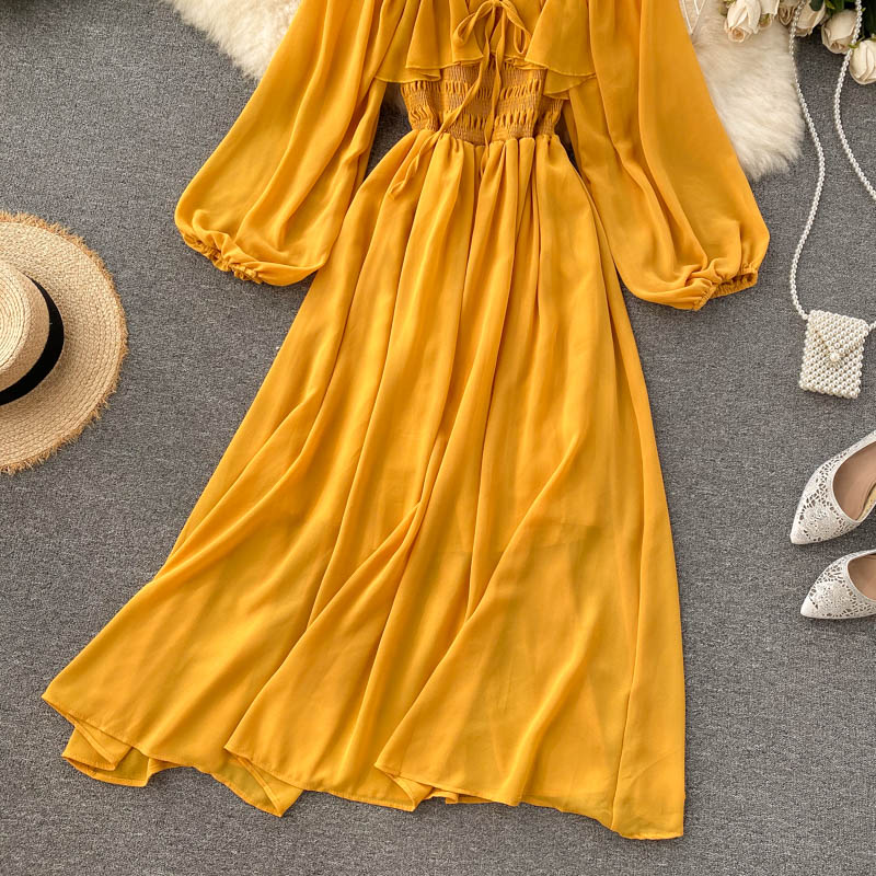 Sixsr Woherb Chic Elegant Square Collar Maxi Dress Women Solid Chiffon Puff Sleeve Dresses Korean Fashion Vintage Ruffle Vestidos