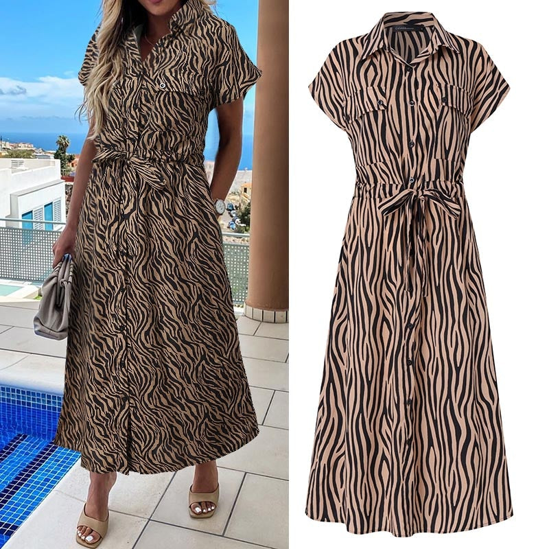 Sixsr Summer Sundress Women Elegant Dress Plus Size Short Sleeve Casual Loose Buttons High Waist Work Midi Vestidos Robe