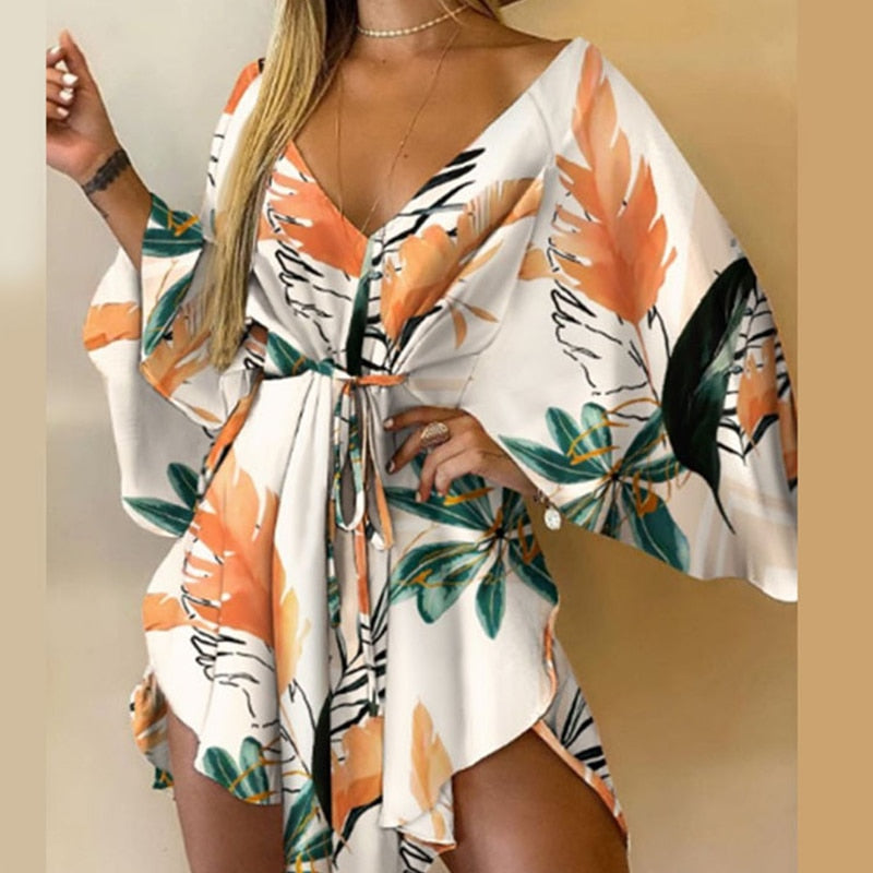 sixsr Summer Outfits Casual Leaf Leopard Print Harajuku Batwing Sleeve Dress Lady Elegant Lace-Up Irregular Party Dress Sexy V-Neck Women Mini Dress
