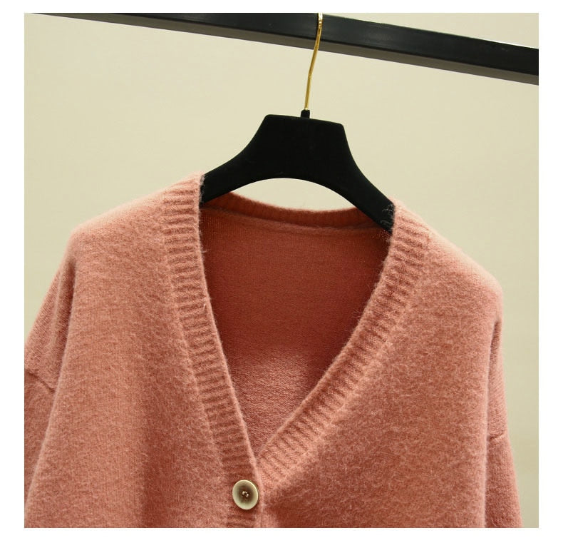 Sixsr Oversized Cardigan Women Spring Casual Solid V Neck Long Sleeve Cardigan Sweater Female Knit Jacket Coat Green Pink