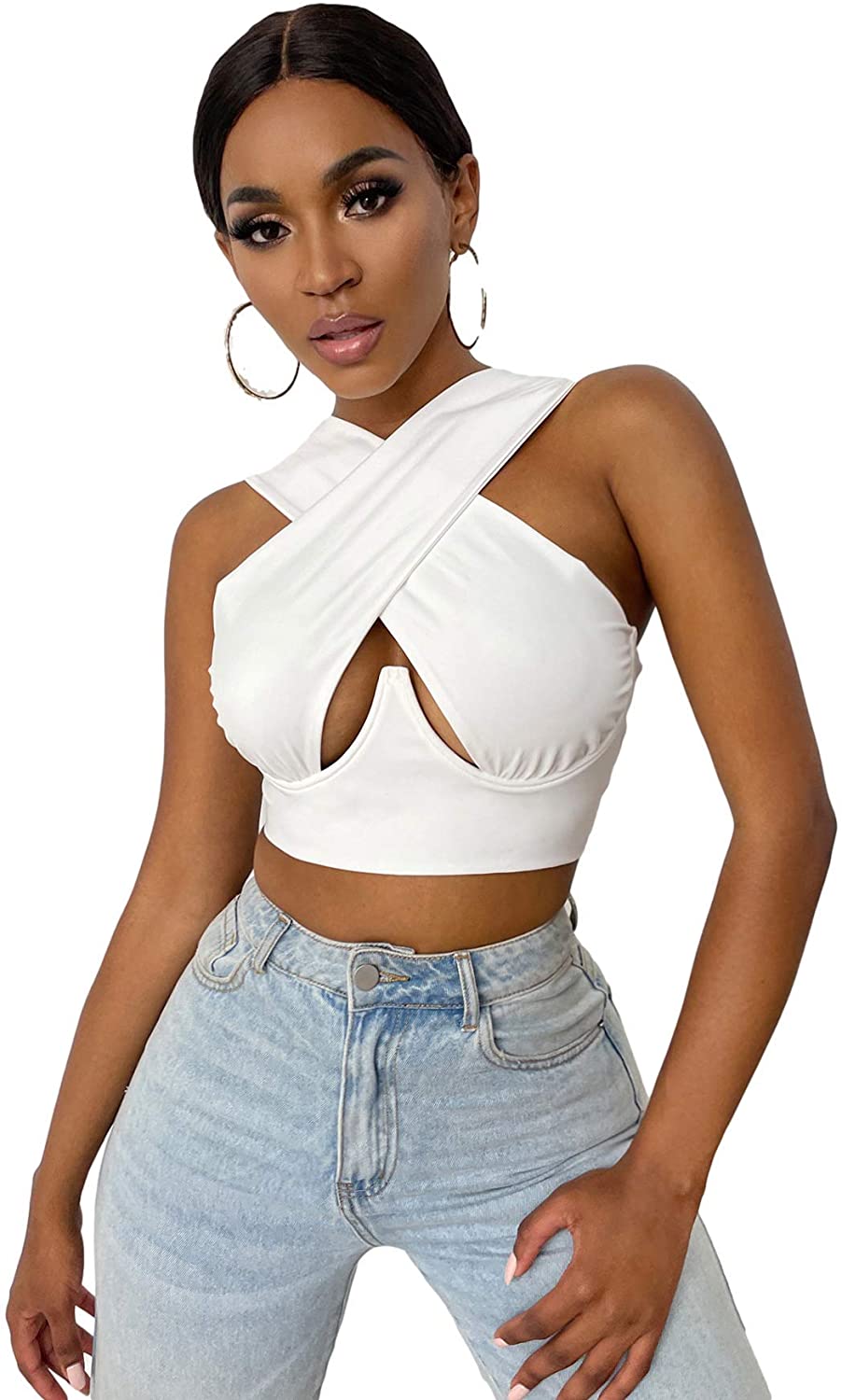 sixsr Women's Criss Cross Tank Tops Sexy Sleeveless Solid Color Cutout Front Crop Tops Party Club Streetwear Summer Lady Bustier Tops