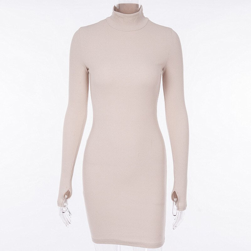 Sixsr Autumn Long Sleeve Bottom Dress for Women High Collar Temperament Solid Color Dress Bodycon Mini Dresses Female Harajuku