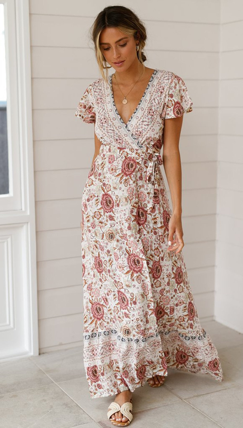 Sixsr Vintage chic vestidos women Floral print bat sleeve beach long Bohemian maxi dress Ladies sexy V neck Summer Boho happie dress