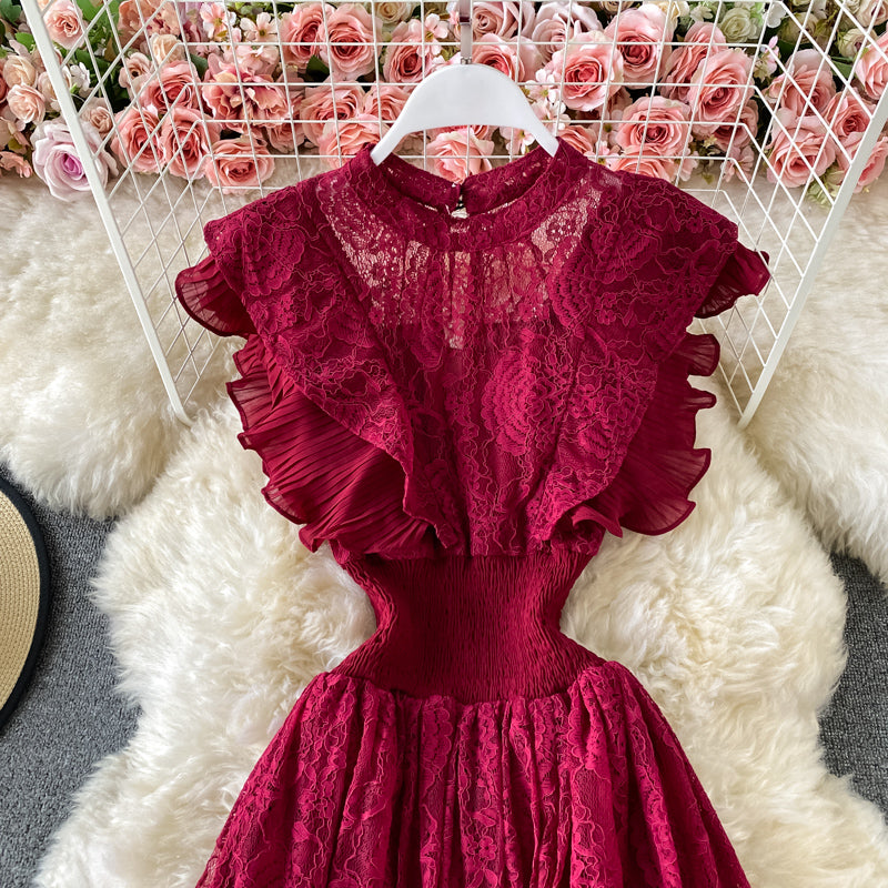 Sixsr Vintage Purple/Green/Red Lace Midi Dress Women Sweet Round Neck Ruffle Vestidos Female High Waist Slim Robe Spring Autumn