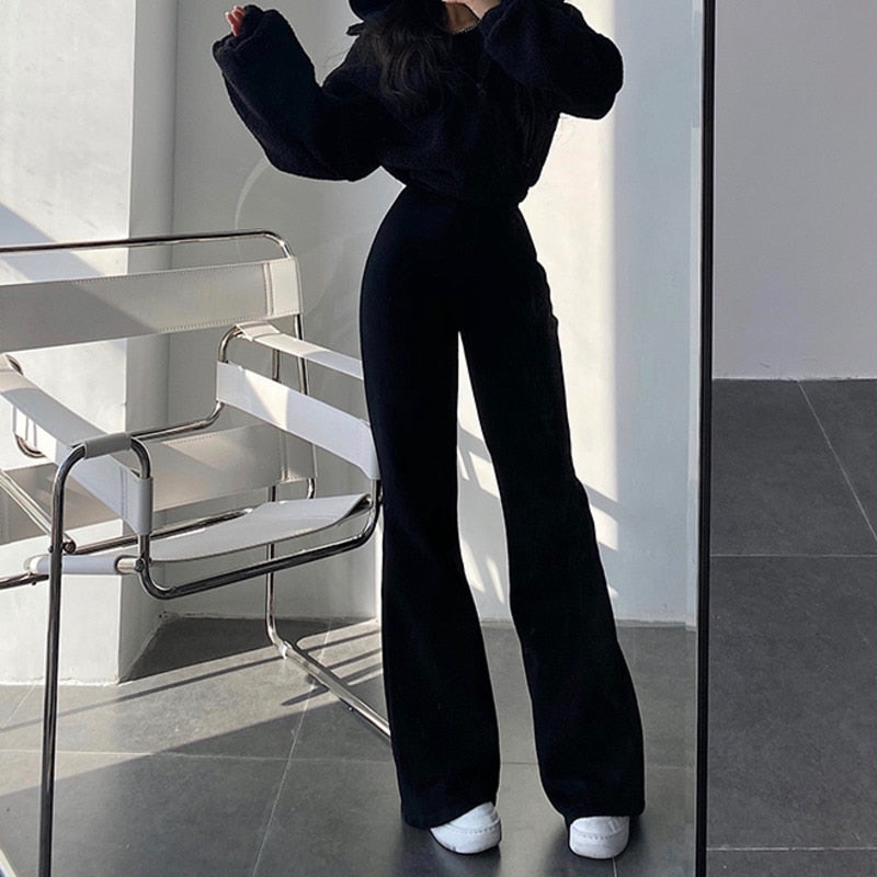 Sixsr New High Street Elastic Waist Solid Color Flare Pants For Women Spring Autumn Thick Casual Female Trouser BSXM new years eve outfits women