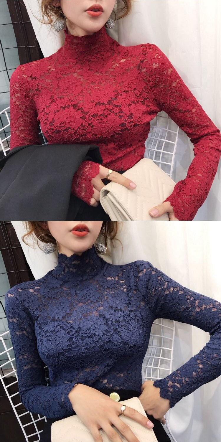 Sixsr gifts for women Plus Size Women Lace Blouses Shirts Sexy Hollow Out Long Sleeve Solid Blouse Lady Elegant Floral Embroidery Elastic Shirt Tops