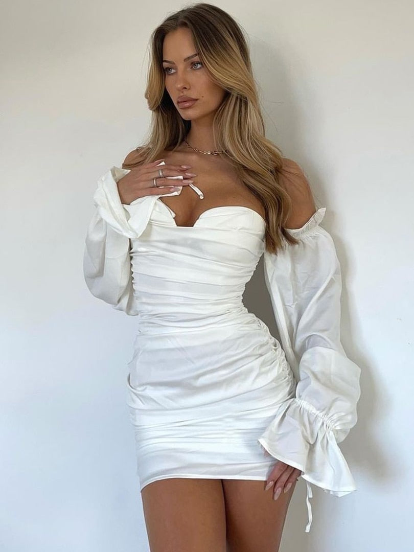 Sixsr Trends Solid Women Spring Autumn Women Puff Long Sleeve Off Shoulder Satin Mini Dress Ruched Bodycon Sexy Party Elegant