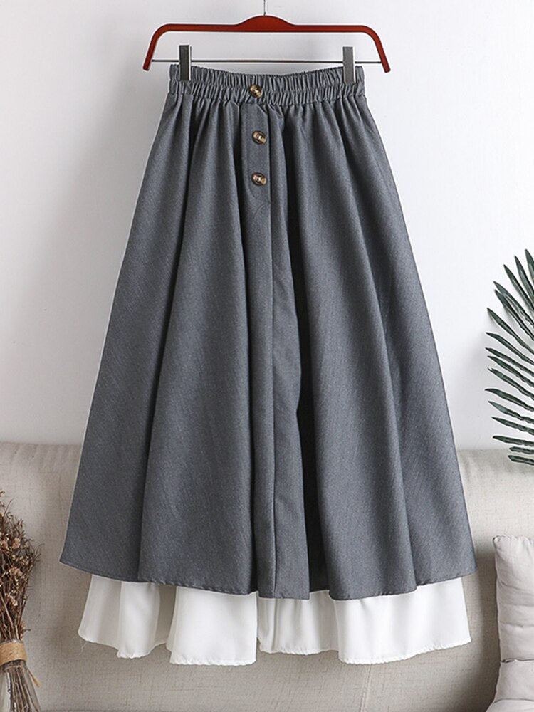 Sixsr Winter Thick Korean Style Midi Long Pleated Skirt Women White Patchwork Button High Waist A Line Skirt Female