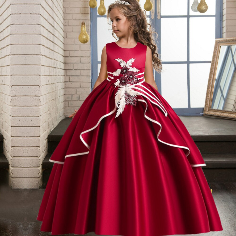 sixsr Summer Kids Princess Dress Girls Flower Embroidery Dress For Girls Vintage Wedding Party Formal Ball Gown Children Clothing