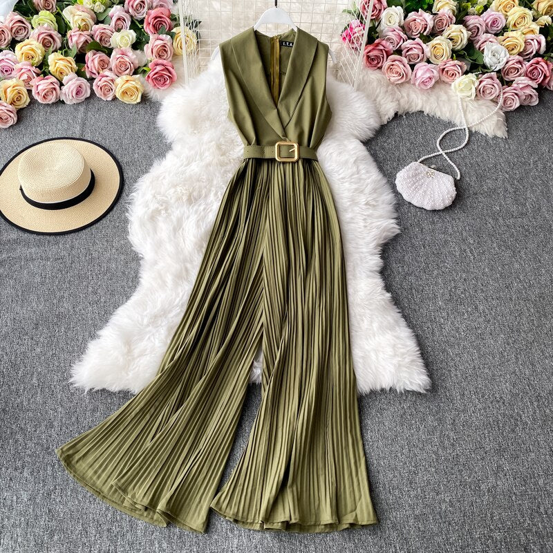 Vintage Notched Collar Draped Rompers For Women Casual Sleeveless High Waist Wide Leg Playsuits Female Beige/Green Jumpsuit