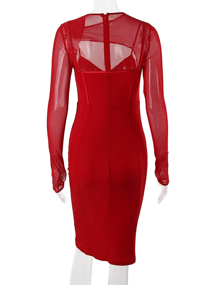 sixsr Spring Autumn Dresses for Women Winter Long Sleeve Padded Corset Hollow Out Lined Wedding Guest Dress Holiday Party Outfit Women Bodycon Elegant Dress