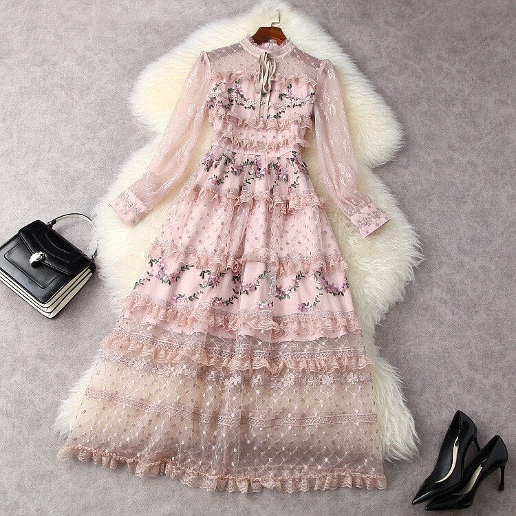 sixsr Spring Outfits Designer Runway Party Evening Midi Long Dresses For Women Ruffles Embroidery Floral Elegant Traf Chic Ladies Vestidos Femme Robe
