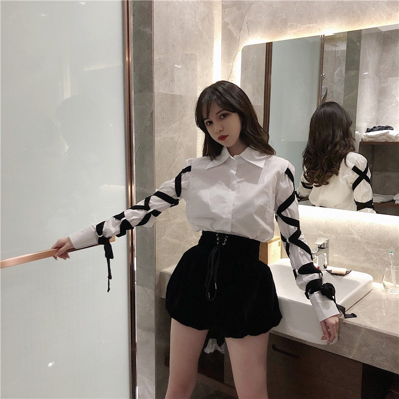 Sixsr Womens Fashion Casual Office Lady Female Blous Long Sleeve Shirt Women Stitching Black Ribbons Spring Top Blouse 16W057