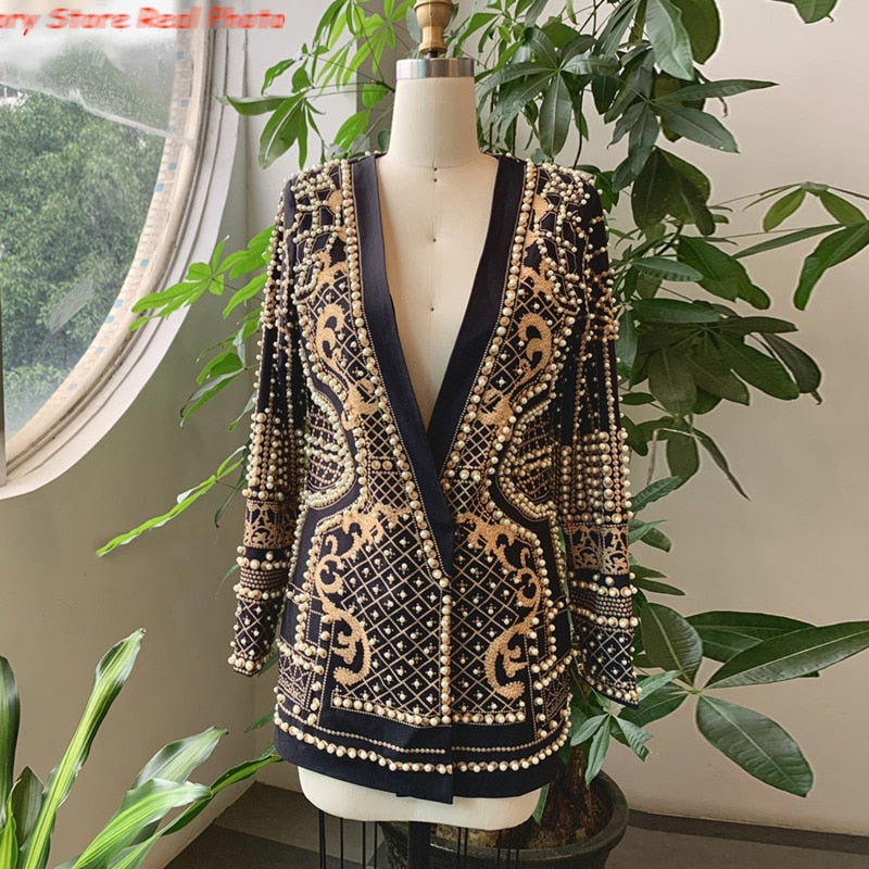 sixsr new Beaded Geometric Autumn Winter Long Sleeves V-Neck Vintage Ladies Outwear vintage fashion Overcoats