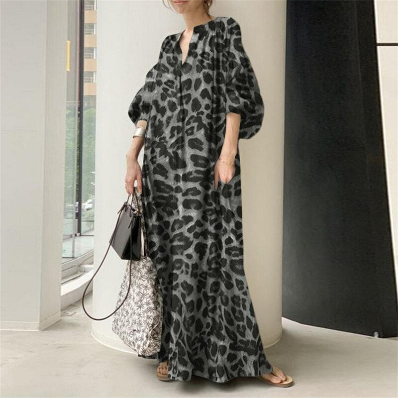 Fashion Printed Maxi Dress Women's Leopard Sundress Spring Puff Sleeve Long Vestidos Female V Neck Robe Oversize