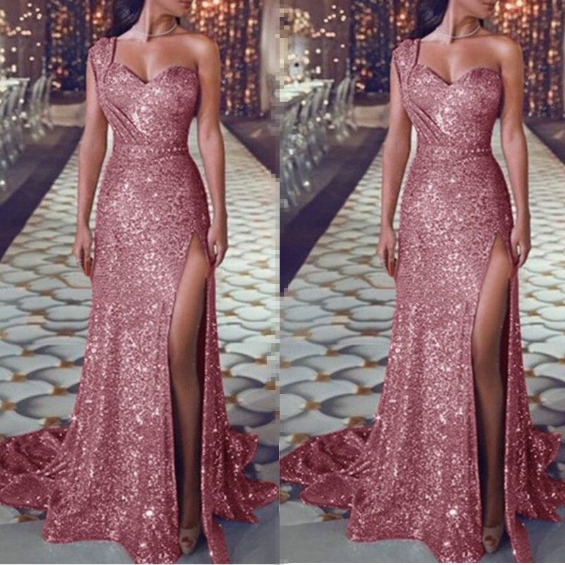 sixsr Big 5XL Fashion Women Dress Sequin Prom Party Fork Opening Ladies Dresses Ball Gown Sexy Gold Evening V-Neck Long Women Dress