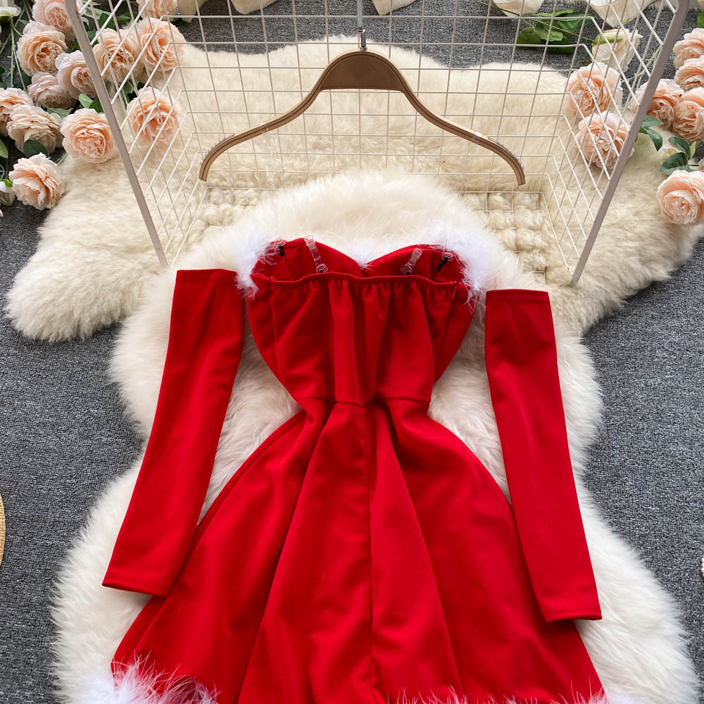 Sixsr Gifts For Women Elegant Dress For New Year Strapless Backless Furry Sexy Short Mini Christmas Dress Navidad Red Party Dress Femme