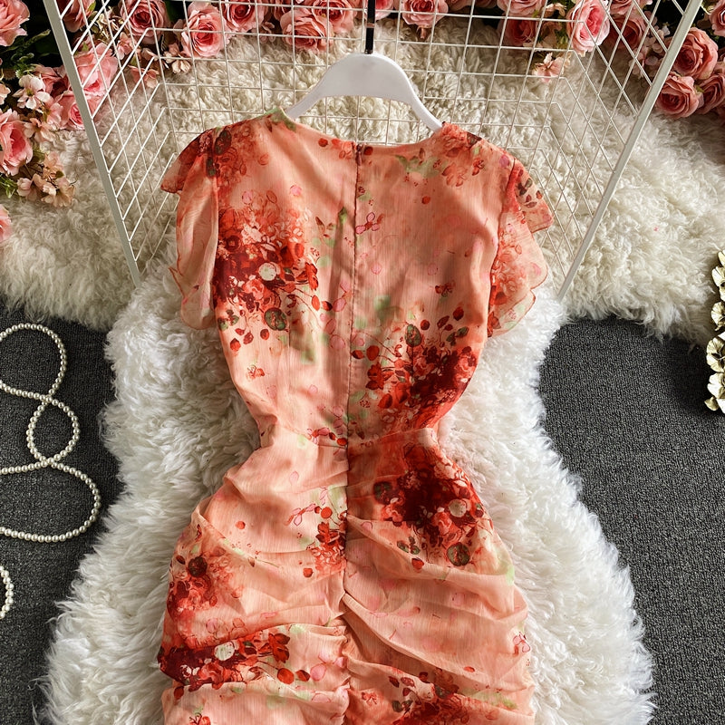 Vintage V-Neck Printed Chiffon Drawstring Mermaid Midi Dress Women Elegant High Waist Ruffle Vestidos Fashion Spring Summer