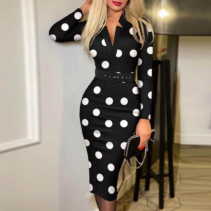 Sixsr Trends Fashion Vintage Women Pattern Print Office Dresses Spring Autumn V-neck Long Sleeve Slim Bodycon Midi Dress Elegant Ladies Belt Vestidos