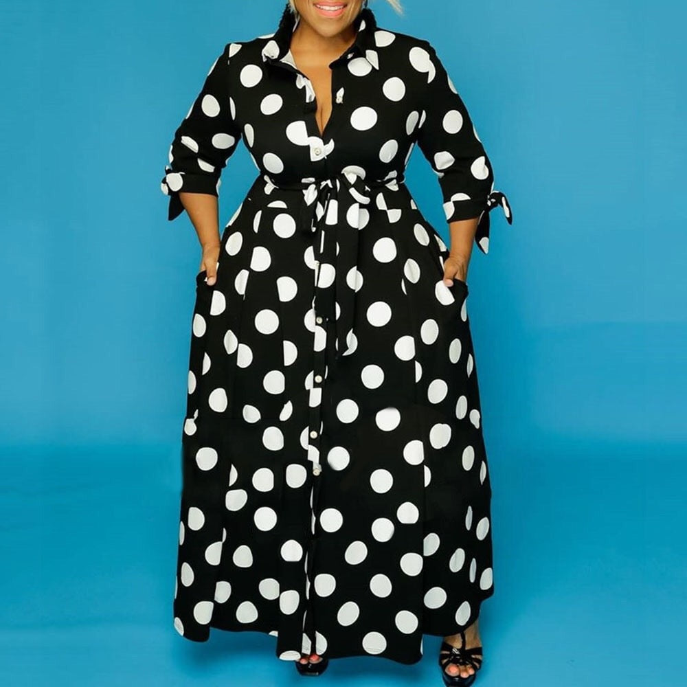 Black and White Polka Dot Dress Plus Size 4xl 5xl Floor Length Long Sleeve Single Breasted Autumn Fashion Party Dinner Dress Hot