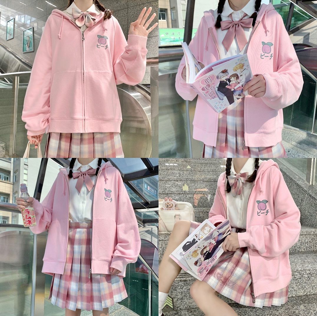 Sixsr Harajuku Sweet Fruit Print Women Hoodie Pocket Spring Loose Thin Zipper Sweatshirt Girl Cute Pink Plus Size Clothes Among Us