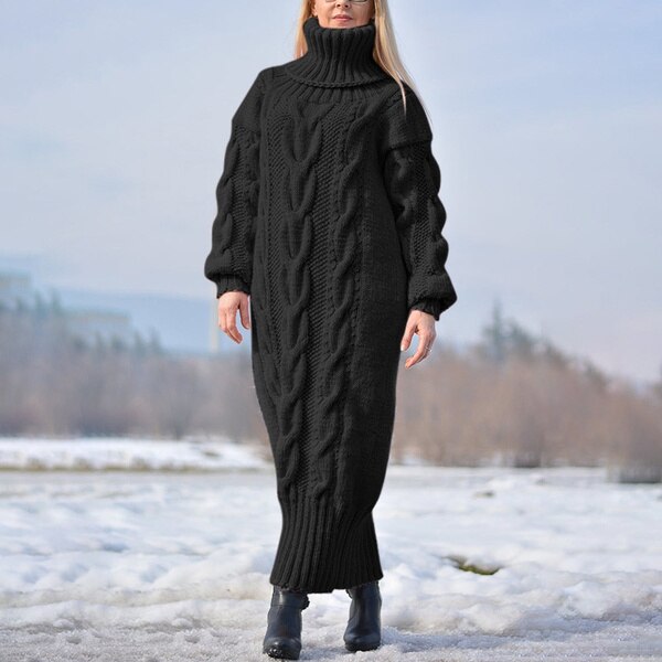 Sixsr Sweater Dress Women Long Sleeve High Neck Knitted Pullover Dress Soft Warm Solid Color Oversize Bodycon Jumper Female Dress