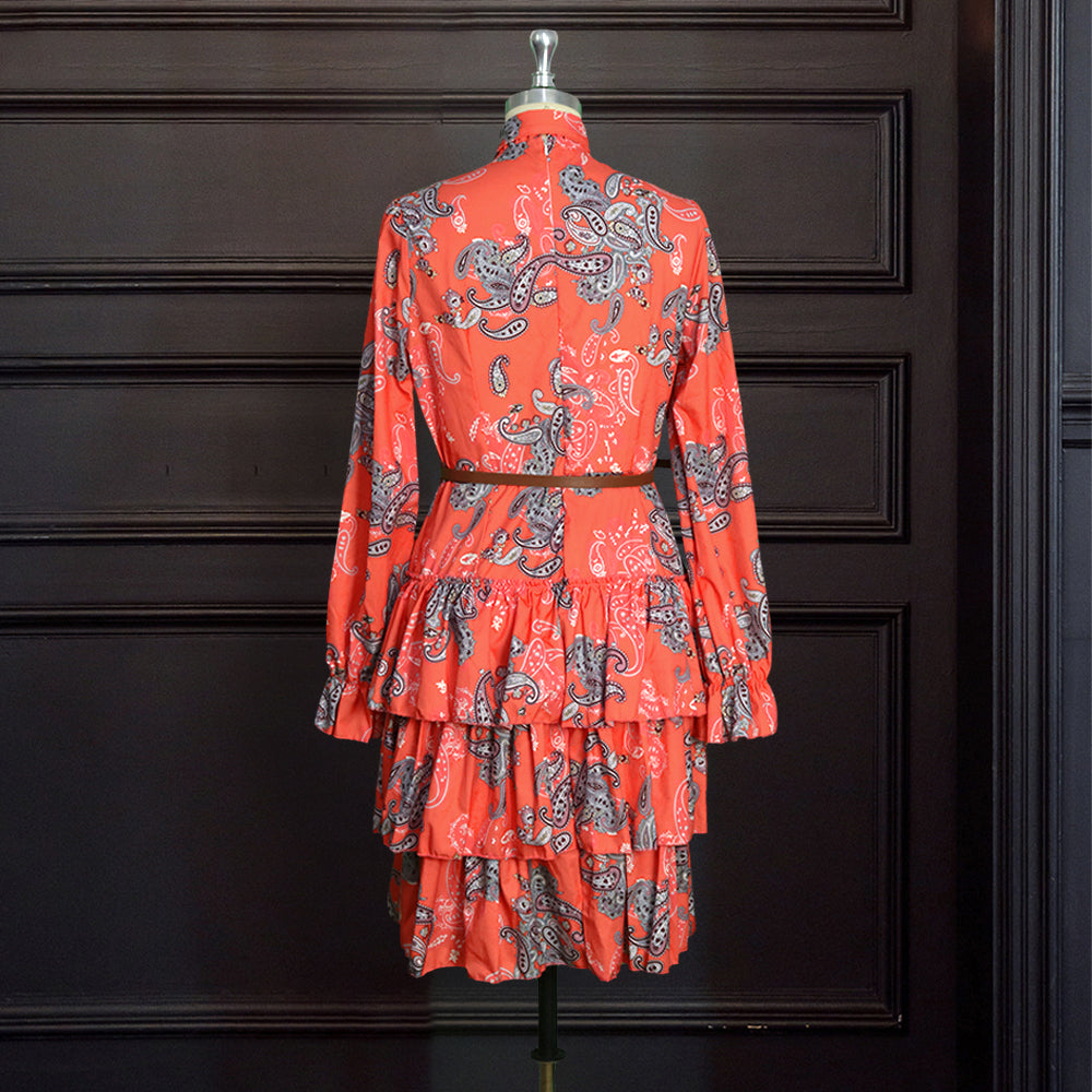 Sixsr Women Printed Dresses Long Sleeves Bowtie Cake Dress Female Ruffles Pleated Africn Fashion Lovely Date Sweet Vestidos Plus Size